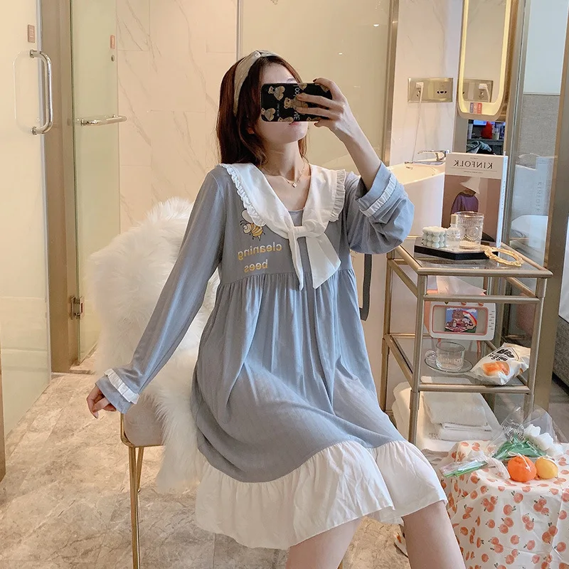 2021 Spring New Nightdress Combed Cotton Korean Pure Color Sweet Lovely Pullover Long Sleeve Housewear Sleepwear Women