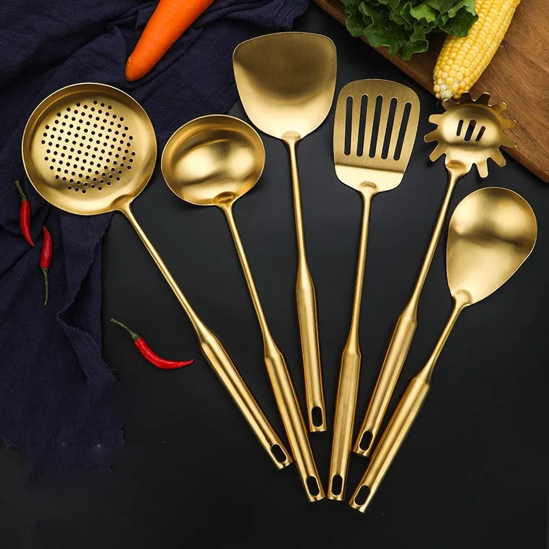 

1 SET Gold Cooking Tool Spoon Shovel Soup Slotted Spoon Spatula Rice Spoon Cutlery Set 304 Stainless Steel Kitchenware Gift Set