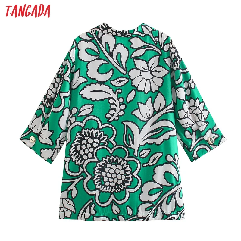 

Tangada Women Vintage Green Leaves Print Shirt Three Quarter Sleeve 2021 Chic Female Casual Loose Shirt 5Z191
