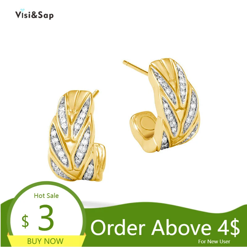 

Visisap Zircon Inlaid Creative Leaves/feather Ear Studs Luxury Gold Color Banquet Earrings Jewelry Supplier Delivery E064