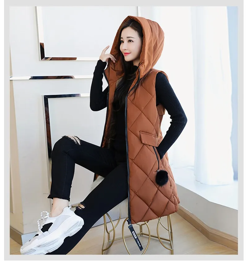 

Autumn Winter Women Cotton Parkas Vest With Hoody Lady Warm Waistcoat LF2170