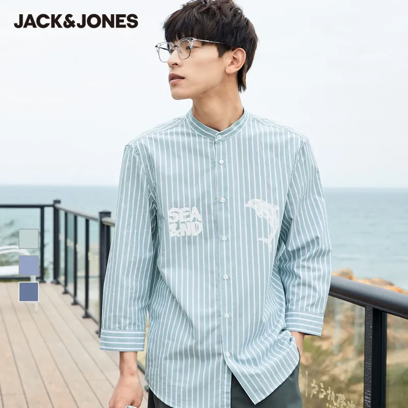 

JackJones Men's 100% Cotton Stripe Multiple Colors Stand-up Collar 3/4 Sleeves Shirt| 221231018