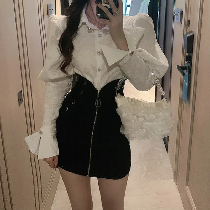 

2021 spring Chic Elegant Two Piece Sets Women Puff Sleeve Jacquard Shirt tops+ Zipper Lacing High Waist Bodycon Skirt Sets