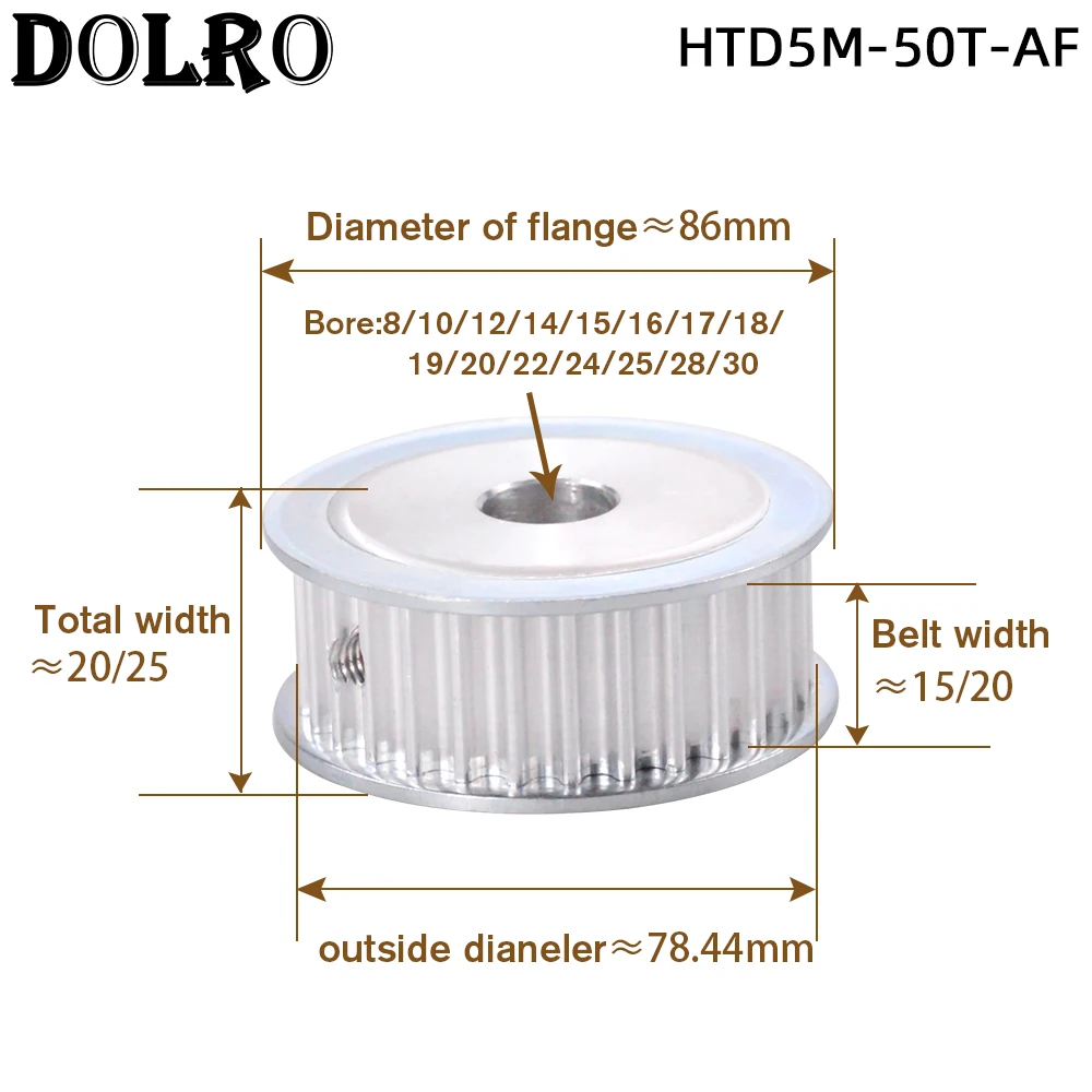 HTD5M 50 Teeth Synchronous Timing Pulley Bore 8/10/12/14/15/16/17/18/19/20/22/24/25/28mm for Width 15/20mm Belt AF Keyway | Обустройство