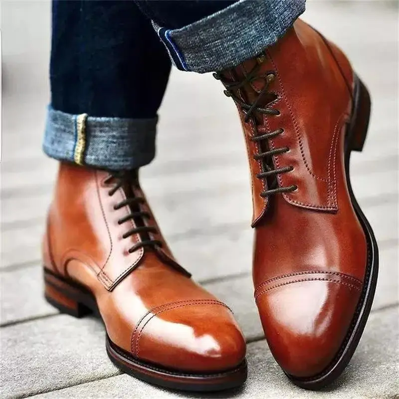 

New Men Shoes Fashion Casual Street Handsome All-match Classic Color Matching PU Stitching High-top Lace-up Ankle Boots KS335
