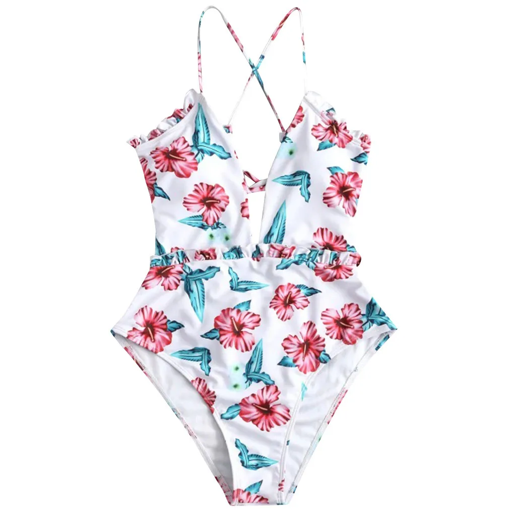 One-piece Women Sexy Plunging Floral Print Ruched Hem High Waisted One Piece Swimsuit Female Swimming Suit |