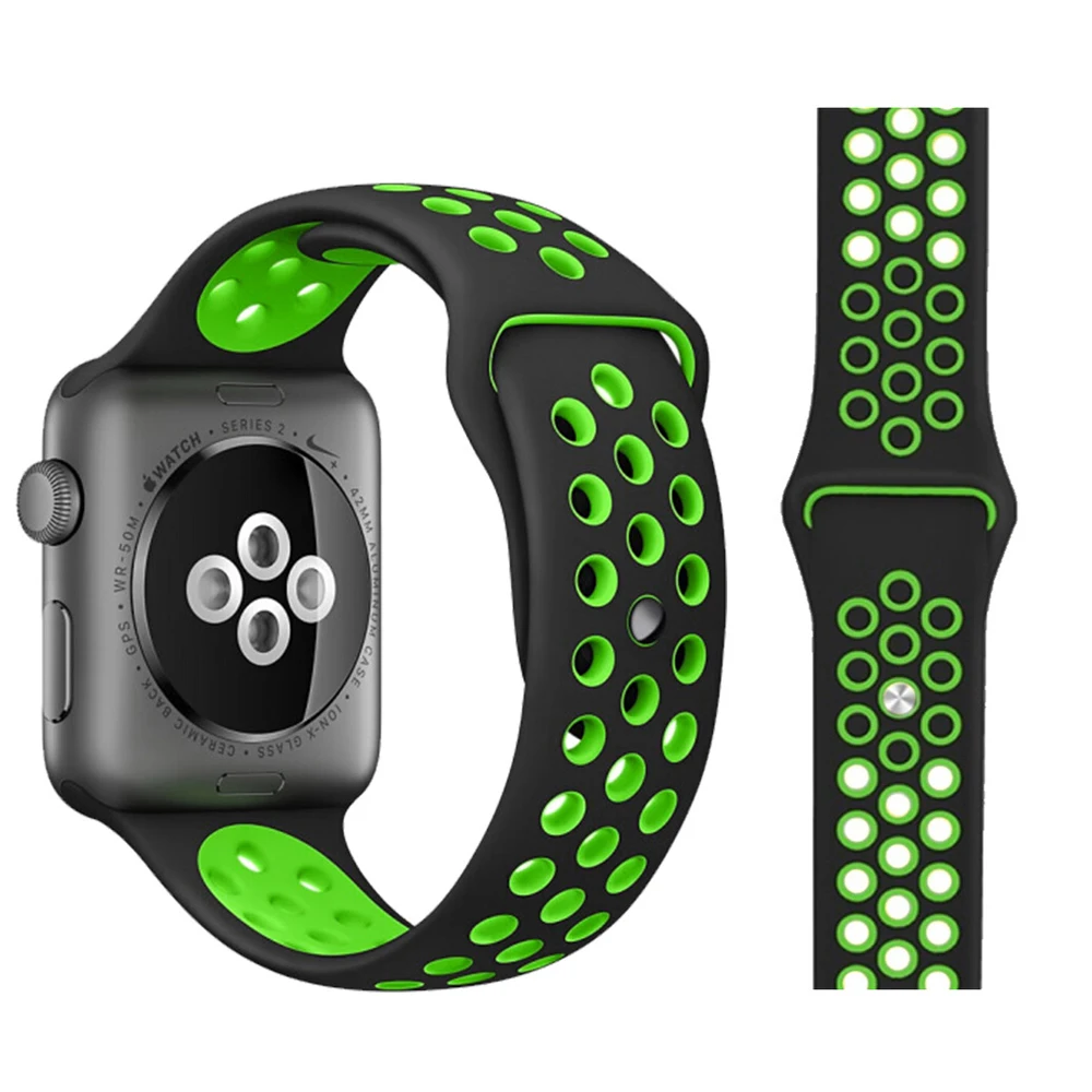Black with green Ремешок для Apple Watch, мягкий силиконовый сменный Браслет серии 5, 4, ремешок для часов 44 мм, 40 мм, iwatch, ремешок серии 1, 2, 3, 38 мм, 42 мм - Цвет ремешка: Black with green