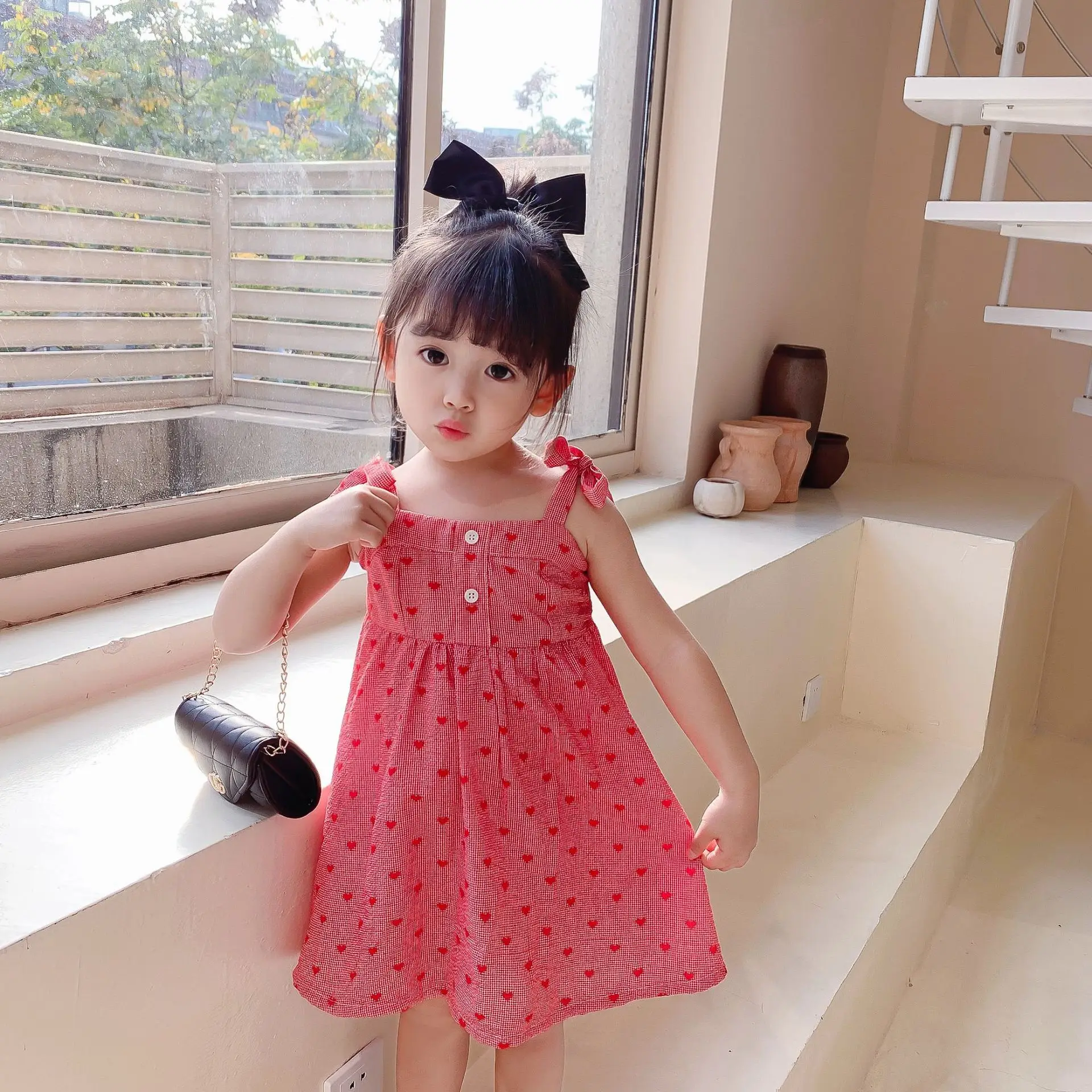 

Korean style new arrival red heart cute slip dress Summer little princess casual off-the-shoulder dress