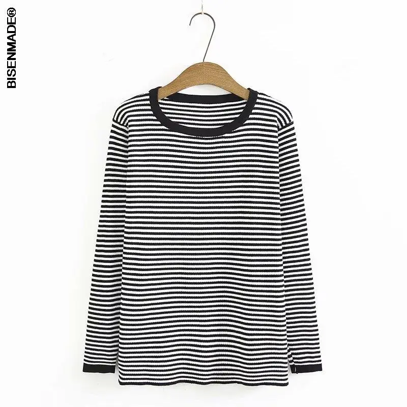 

2021 Autumn Winter Women T-Shirt Plus Size&Curve Clothes New O-Neck Stripe Contrast Color Long Sleeve Female Knitted Tops
