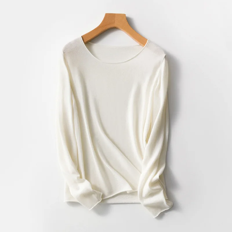 Женский шерстяной свитер с круглым вырезом и рулонными краями белый M