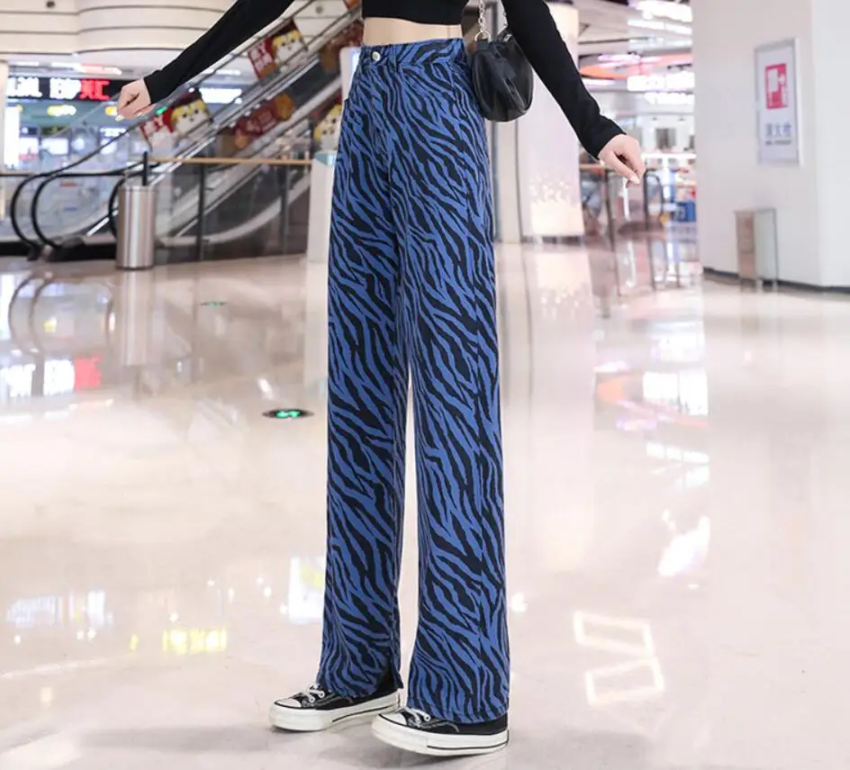

Fashion Blue Print Women Zebra Denim Jeans High Waist Baggy Casual Wide Leg Trousers