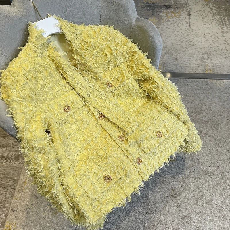 

New arrival autumn Goose yellow tassel woven jacket small fragrant wind thick loose crop top outwear