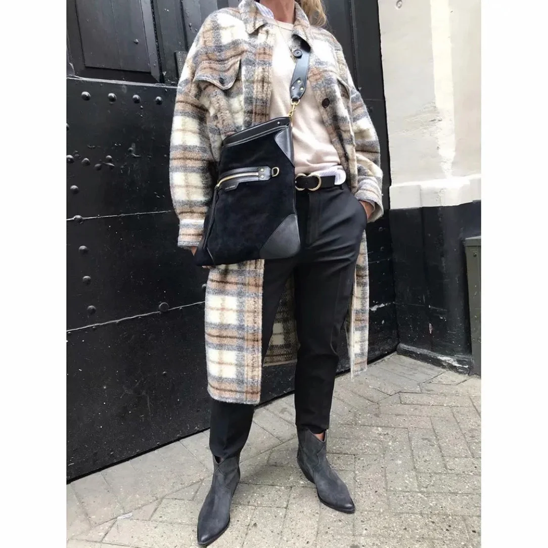 

Winter coat women tweed jacket vintage plaid coats and jackets women oversized jacket blue single breasted coat turn down collar