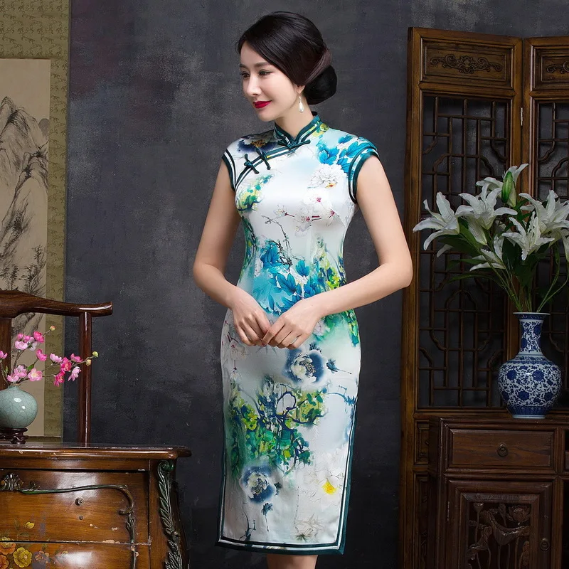 Лето 2017 Новый Шелковый Улучшенный модный длинный и средний cheongsam высокого класса