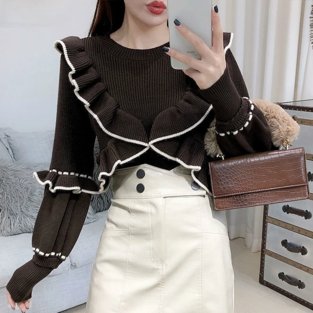 

Y2k Ruffles Contrast Color Patchwork Sweater Jumpers O Neck Lantern Sleeve Sweater Women Vintage Fashion Knitwear Clothes