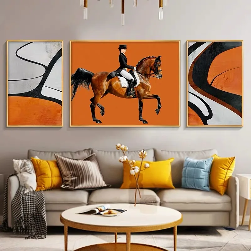 

Wall Art Print Home Decor Modern Black Orange Color Block Abstract Horsemanship Canvas Paintings Poster Picture for Living Room