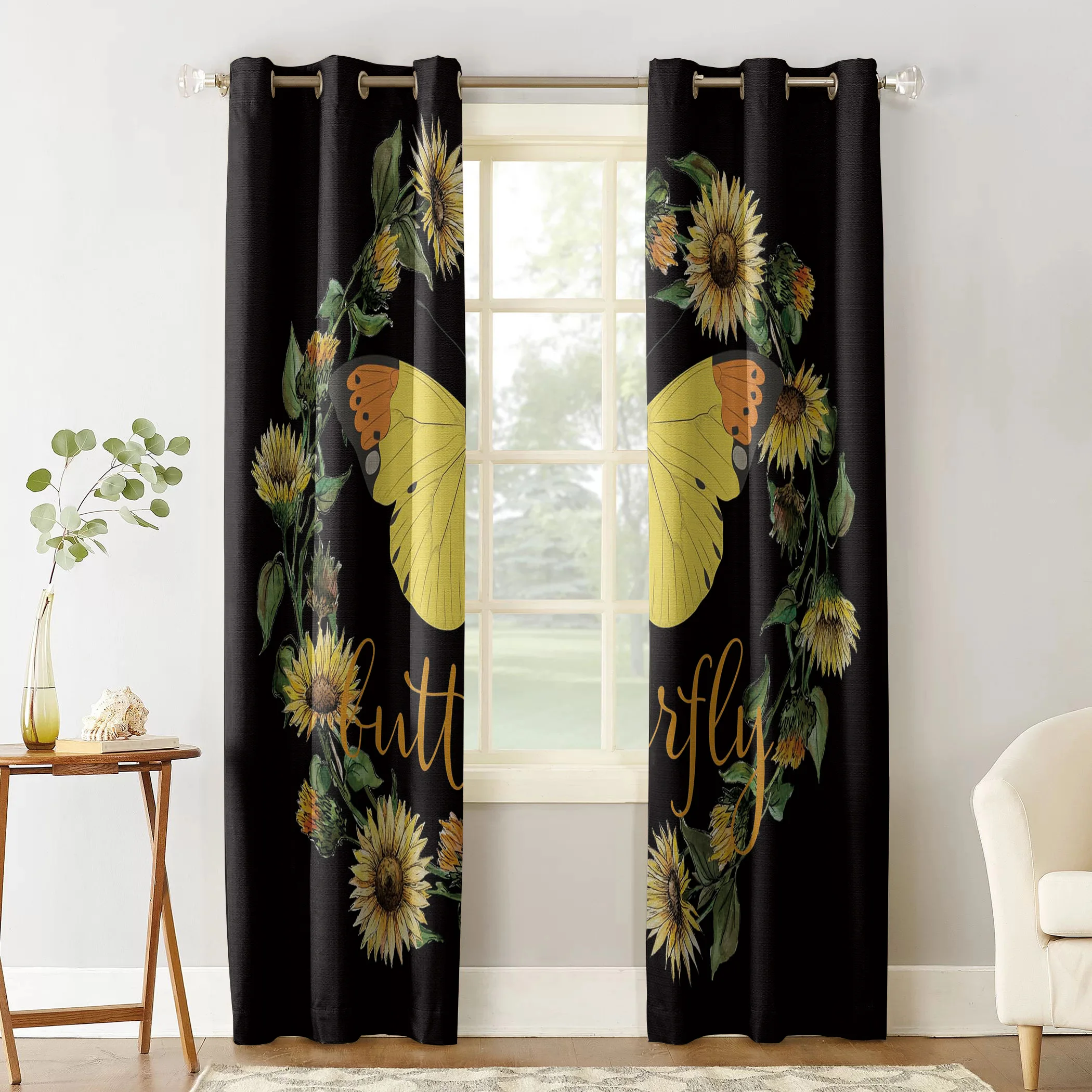 Butterfly Sunflower Wreath Curtains Kitchen Decor Items Window for Living Room Bedroom Curtain Panel | Дом и сад
