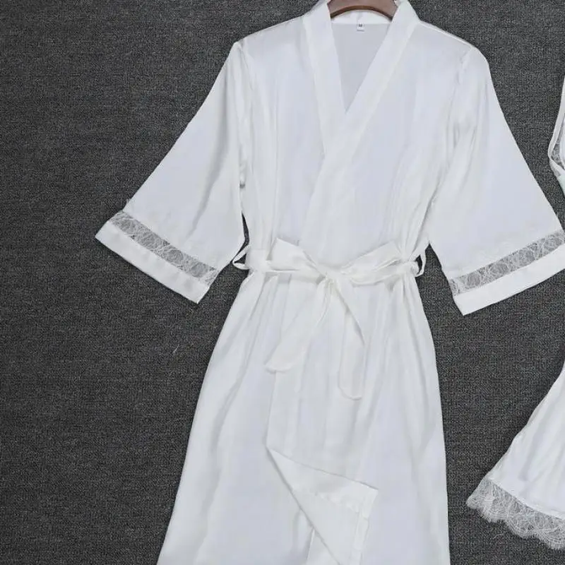 

Sexy Women Rayon Kimono robes WHITE Bride Bridesmaid Wedding Set Lace Trim Sleepwear Casual Home Clothes Nightwear