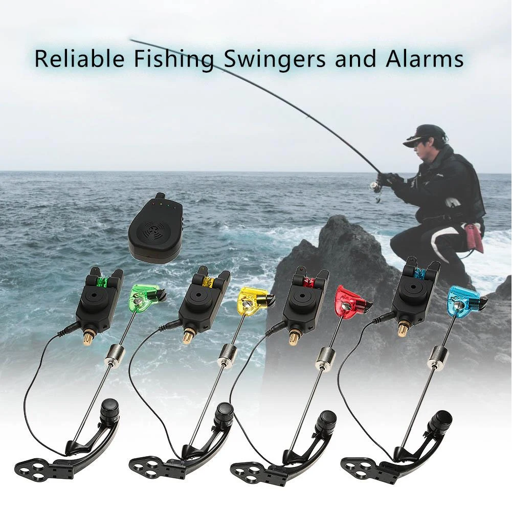

4 Carp Fishing Bite Alarm And Swinger Set Water Resistant 4 Colour LED Fishing Swingers Fish Bite Alarm Set Fishing Tackle