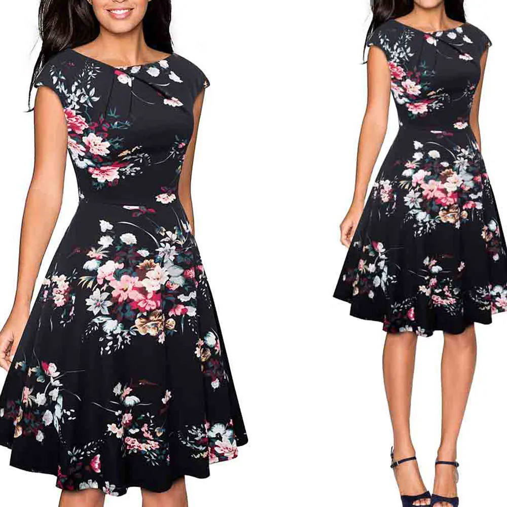 Black and Floral Летнее женское элегантное платье с принтом и рюшами, рукав-крылышко, повседневная одежда для работы, офисные вечерние приталенные трапециевидные платья для свинга, 1EA067 - Цвет: Black and Floral