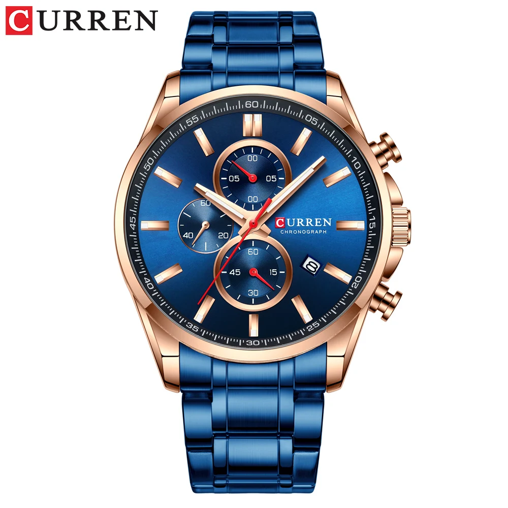 blue Новинка, Curren часы, мужские брендовые модные спортивные кварцевые часы с хронографом, мужские часы из нержавеющей стали, часы с датой, светящиеся указатели - Цвет: blue