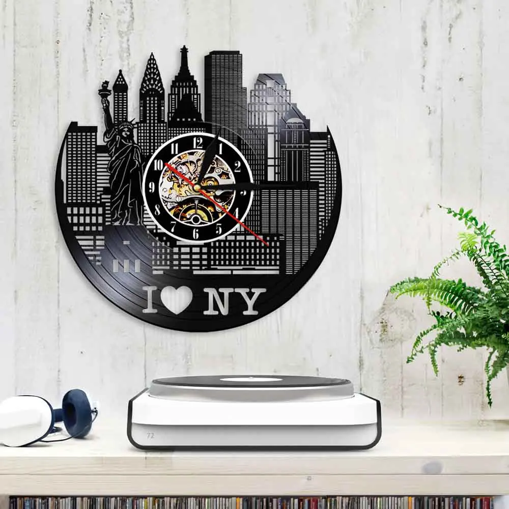 I Love NY Cityscape настенные часы современный дизайн Нью-Йорк Skyline виниловые Творческий