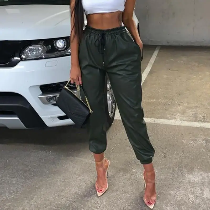 Повседневные женские брюки с высокой талией из искусственной кожи в английском