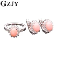 gzjy romantic style natural pink coral aaa cubic zircon white gold color flower earrings ring set for women wholesale