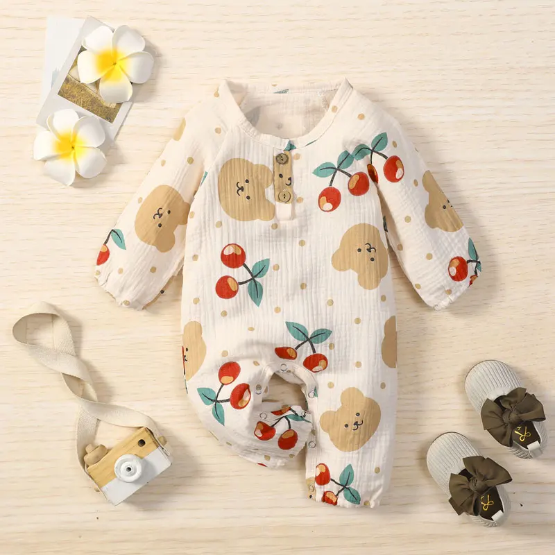 

Unisex Baby Long Sleeve Romper, Cartoon Bear Cherry Print Round Collar Jumpsuit for Spring, Autumn