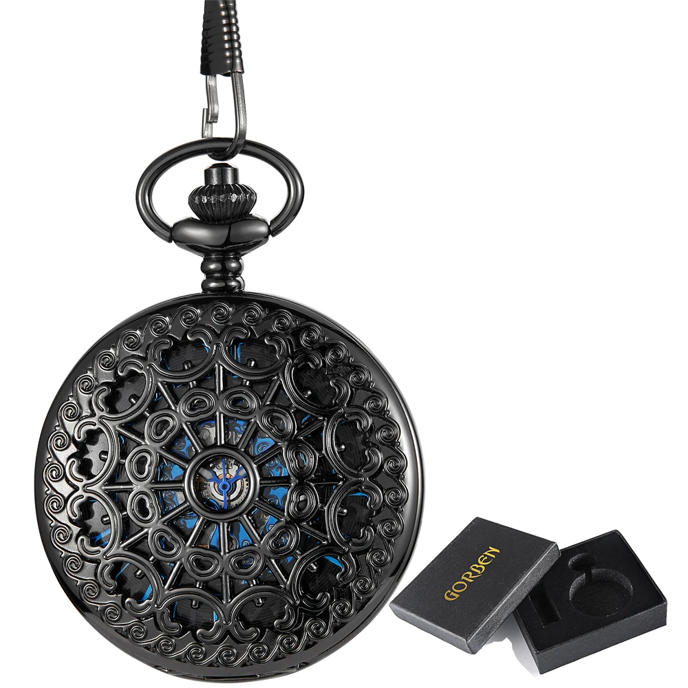 Classic Creative Men Women Mechanical Pocket Watch Hollow Carved Steampunk Ladies Clock Blue Roman Numeral Dial Chains Best Gift