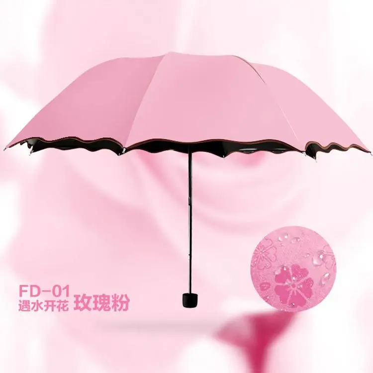 fenhong Ladies'sunshine зонтик цветет в воде изменения цвета зонтик Тройной складной черный резиновый Солнцезащитный УФ женские зонтики - Цвет: fenhong