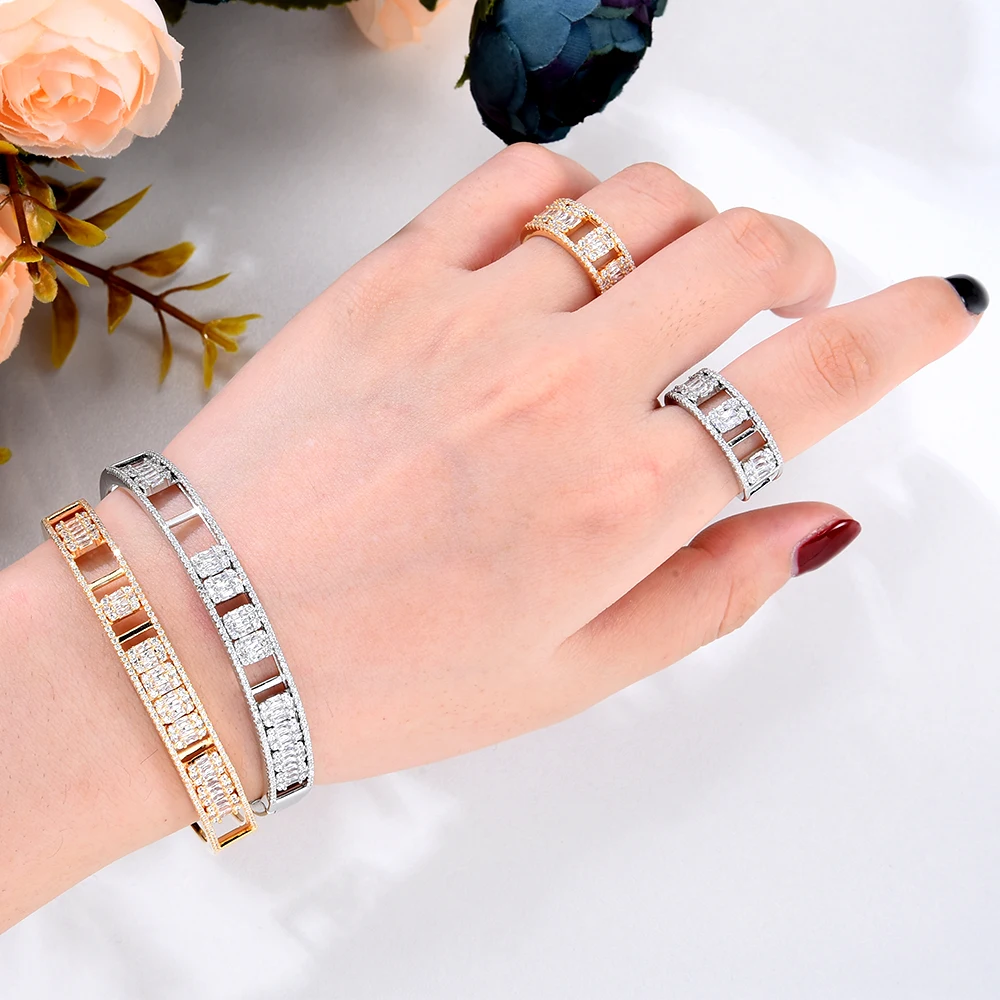 

Siscathy Fashion Luxury Cubic Zirconia Bangle Rings Party Jewelry Set For Women Trend Metal Bracelet Hand Hoop Accessories Gifts