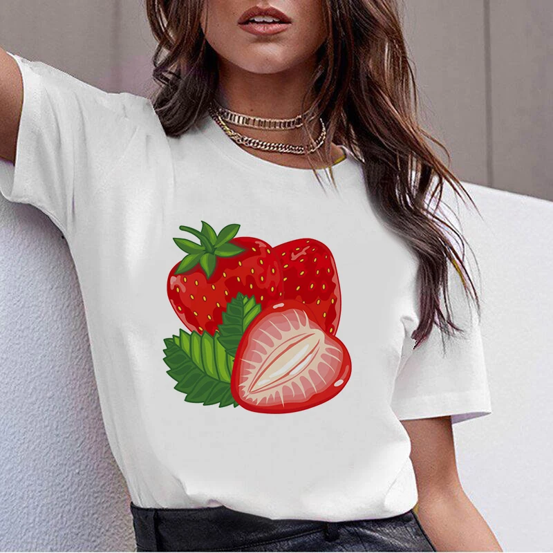 

Harajuku graphic T-shirt short sleeve Women's T-shirt cute strawberry apple funny printed T-shirt fashion casual white T-shirt