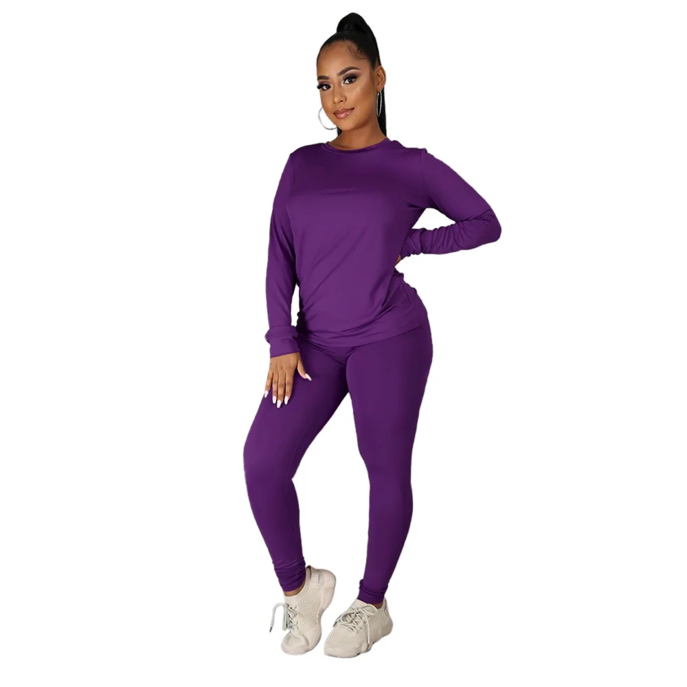 

Autumn Winter Solid Women Casual Sets Fashion Casual Style O-Neck Long Sleeve Slim Tees High Waist Leggings Outfits Sports Party