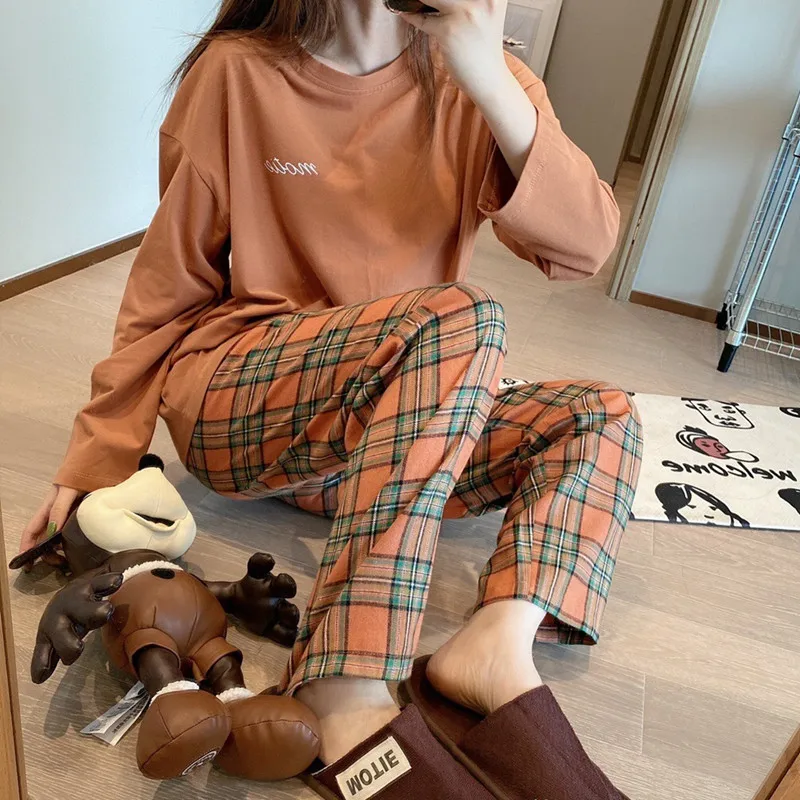 

Korean Purple Grid Girls Pajamas Set Cute Autumn Winter Long Sleeve Leisure Sleepwear For Women Loose Nightwear Homewear Suit