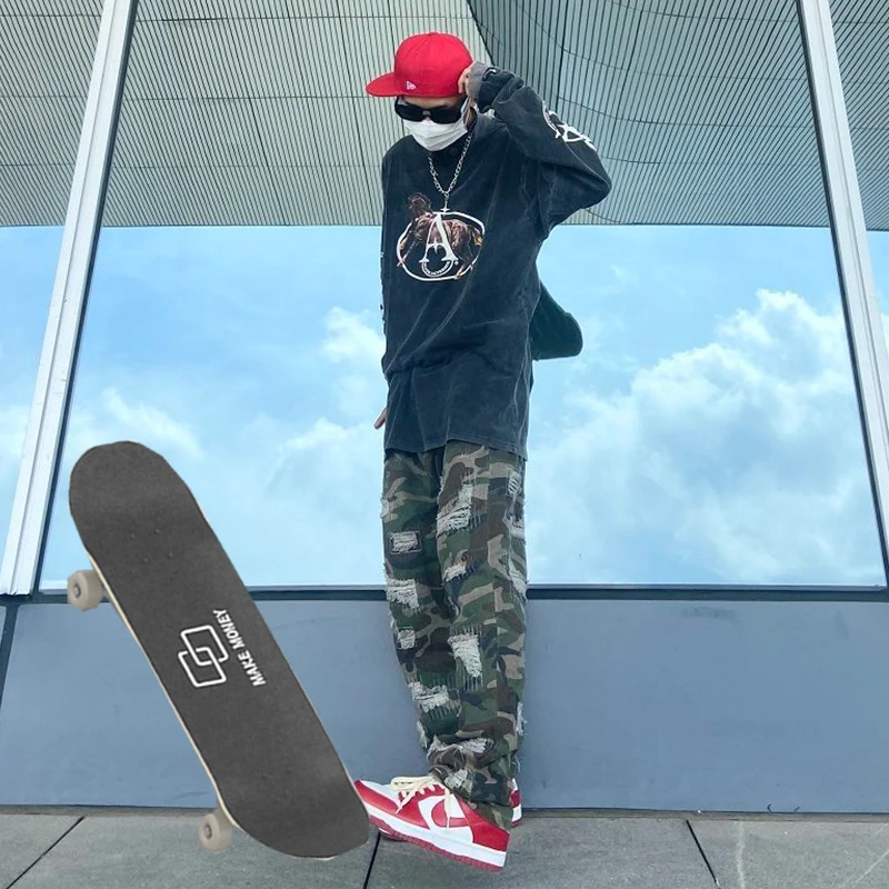 

Street hip-hop hole camouflage pants high street retro do old tooling straight pants casual pants for men and women baggy pants
