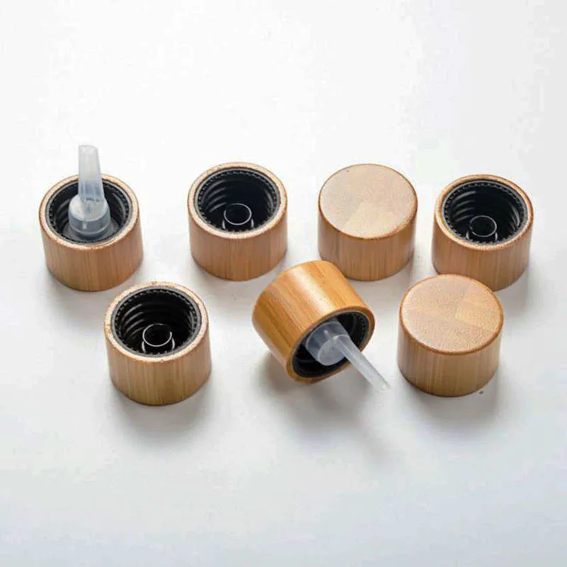 Tapa cosmética de productos de bambú, botellas de aceite esencial de vidrio con cuello de 18mm, cubierta de bambú 18/410, gotas en espiral de plástico, tapa de enchufe, 50 Uds.