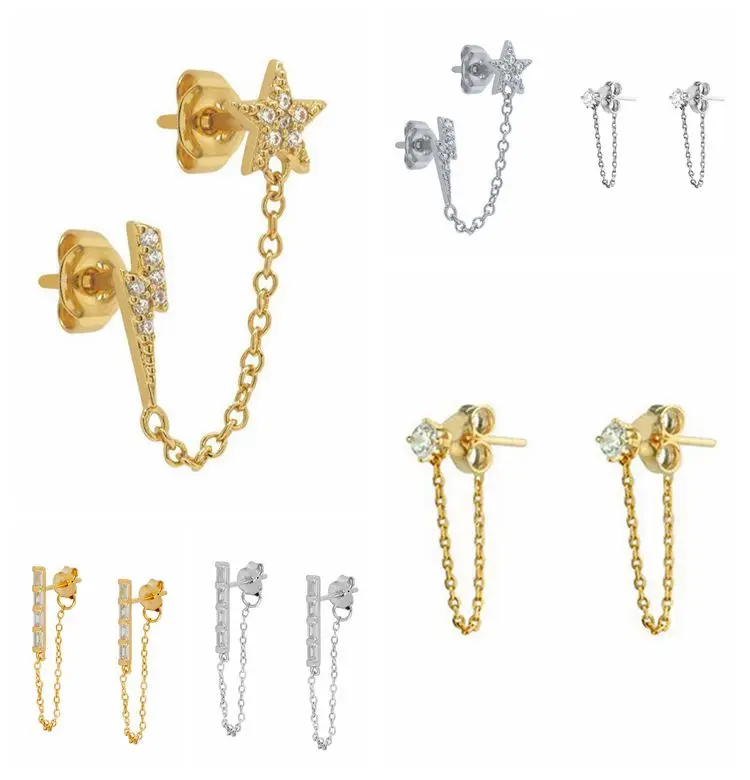 

925 Sterling Silver Simple Star Chain Stud Earring for women Rock Punk Long Chain Piercing Pendiente Luxury Fashion Jewelry