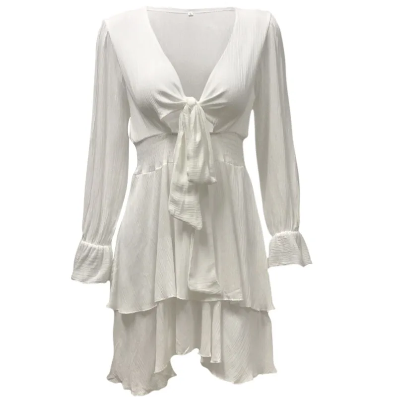 

Elegant Women Summer Sexy V-neck Bow Lace Up Ruffle Dress Lantern Sleeve Mini Dresses Short Beach A-line Vintage Mujer Vestidos