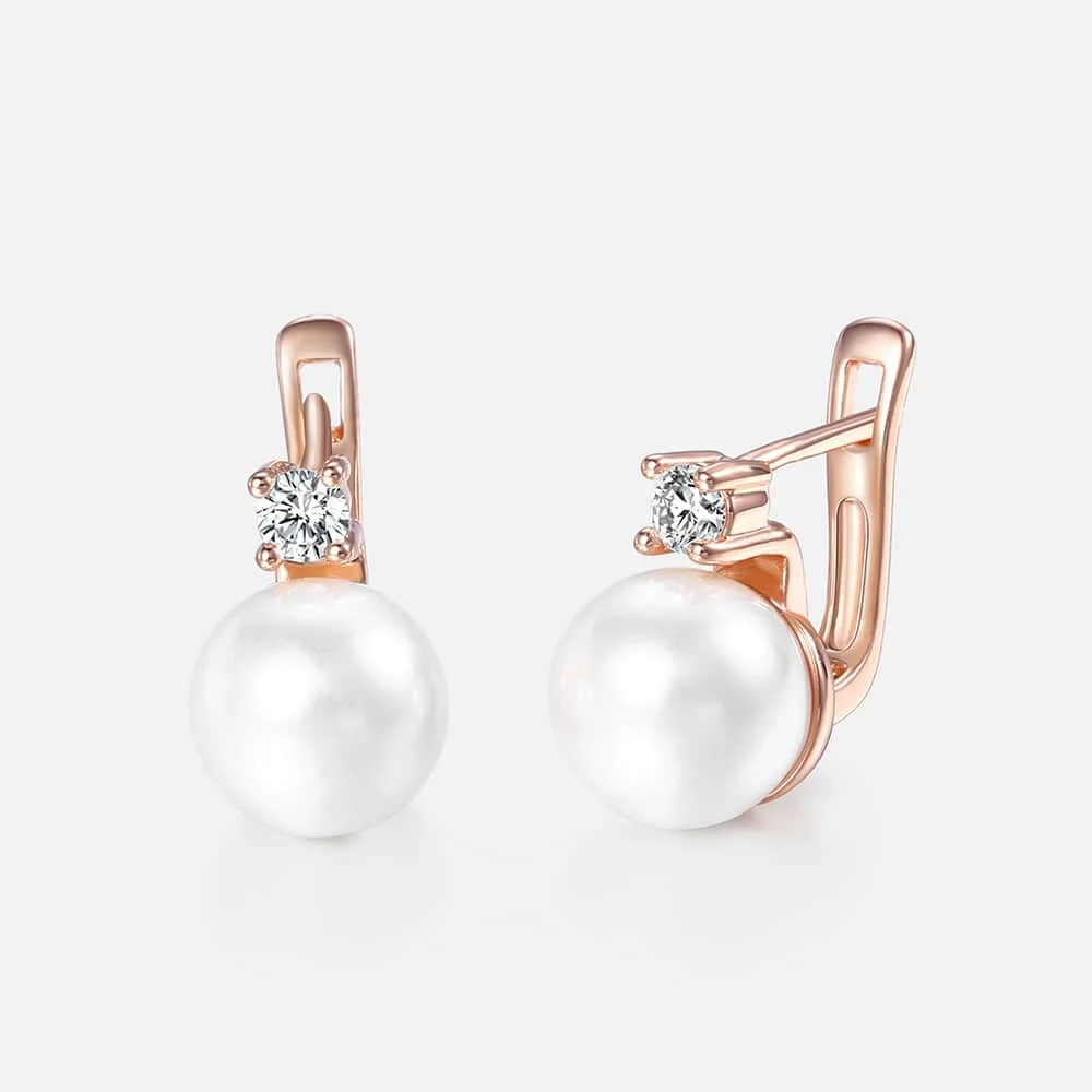 

Elegant White Simulated Pearl Stud Earrings Cubic Zirconia CZ 585 Rose Gold Filled Earrings Fashion Jewelry Wedding GE128A