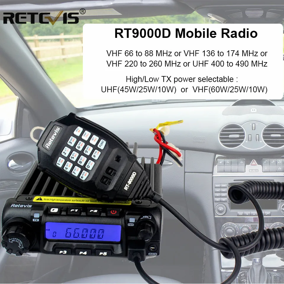 Retevis RT-9000D Mobile Car Radio Transceiver VHF 66-88MHz (or UHF) 60W 200CH Scrambler Walkie Talkie+Speaker MIC+Program Cable