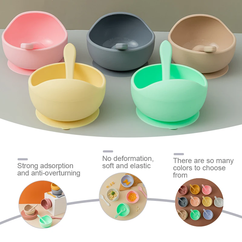 

silicone baby feeding bowls suction cup bowls and silicone anti-slip spoons a set BPA Free High Quality Silicone 10 colors