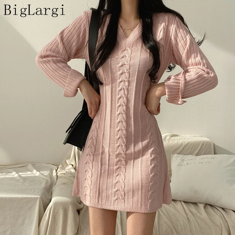 

Women Knitted Sweater Dress Spring Autumn Woman Korean Style Dresses Sweaters Ladies New Arrival Vogue Long Sleeve Sweater 2022