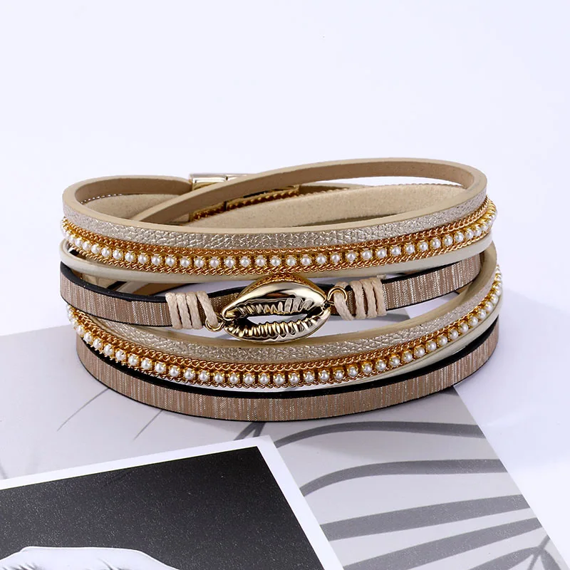 Модный Многослойный кожаный браслет с жемчугом кристаллами и ракушками