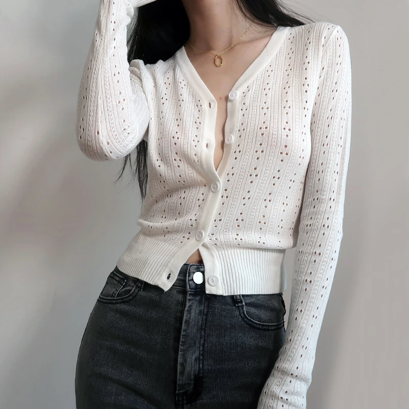

New Sexy Hollow Out Knitted Cardigan Women Button Through Open Stitch Deep V Neck Long Sleeve Crop Tops Casual Sweater Autumn