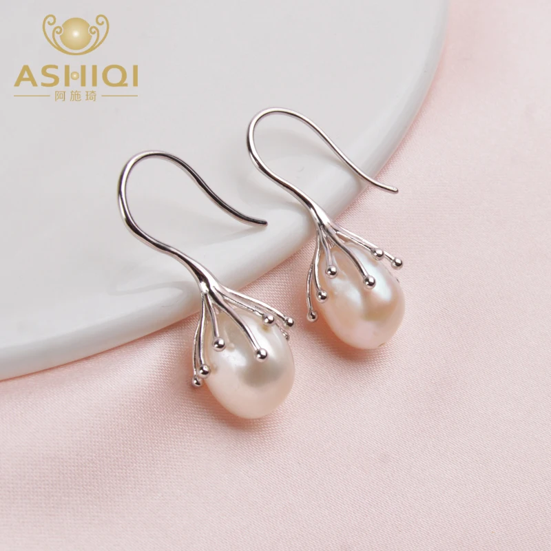 

ASHIQI Natural Baroque Pearl Earrings 925 Sterling Silver Drop Earrings For Women Luxury 10-11mm Fresh Water Pearl Jewelry