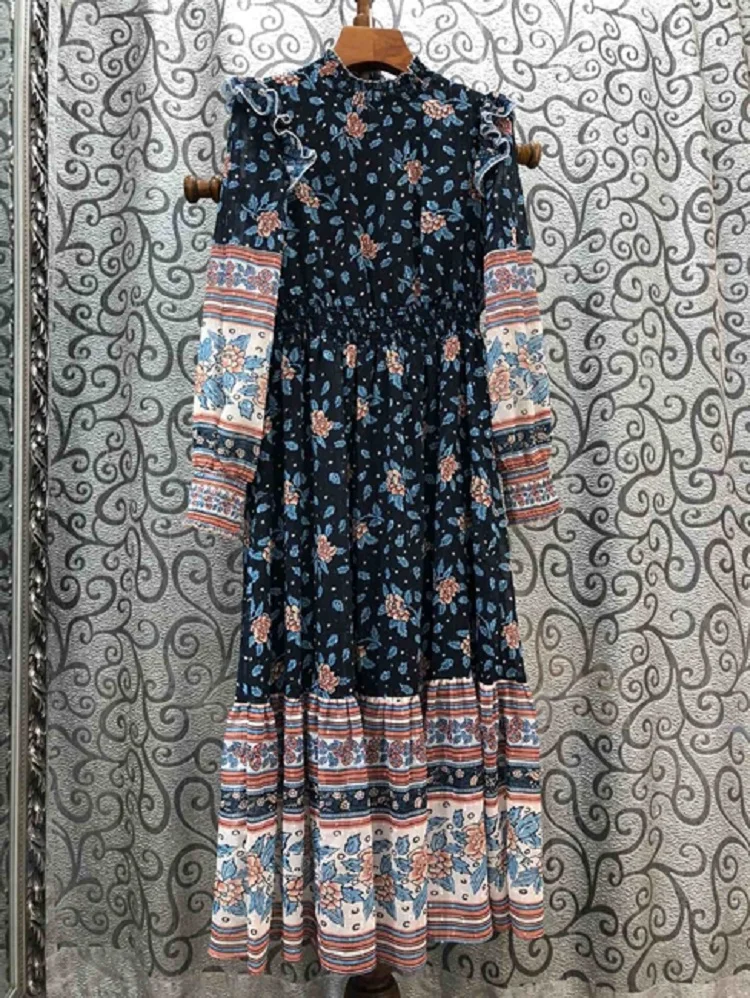 

Latest Designer Fashion Dress 2020 Spring Summer Clothing Women Vintage Flower Print Ruffle Patchwork Long Sleeve Dress XL Size