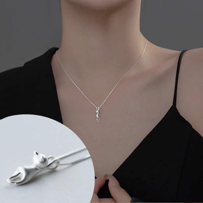 

925 Sterling Silver Cat Charm Pendent Necklace Clavicle Chain Short Necklace For Women Girls Party Jewelry Brithday Gift dz352