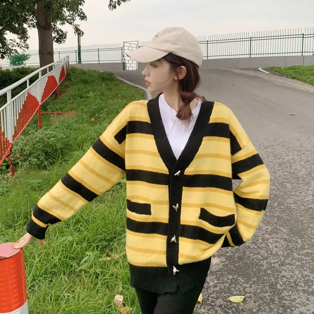 

Women Knitted Cardigans Sweater Fashion Autumn Long Sleeve Loose Coat Casual Button Thick V Neck Solid Female Tops 2021