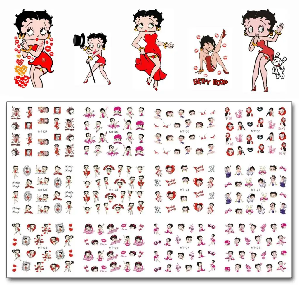 Nail Art 12 листов/уп красивые Лот MT127 138 красный Betty Boop нейл арта переводятся с помощью